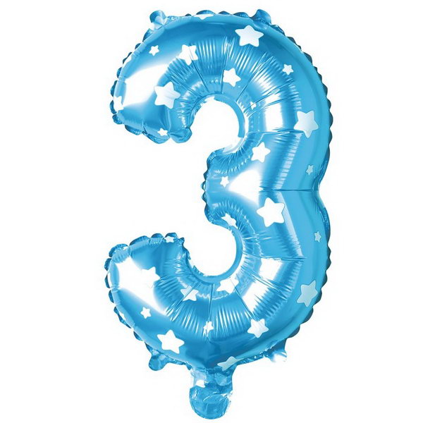 Цифра "3" голубая со звездами, с гелием, фольгированная, 1 метр