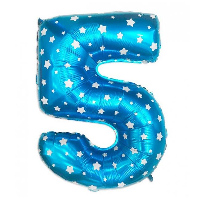 Цифра "5"  голубая со звездами, с гелием, фольгированная, 1 метр,